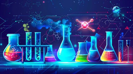 A colorful image of various chemistry lab equipment, including beakers, flasks