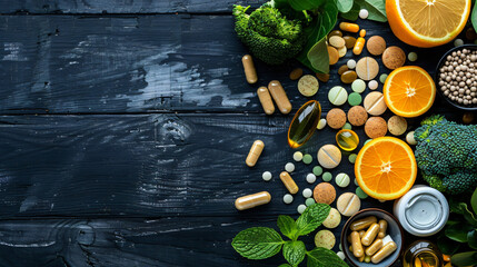 Composition with text VITAMIN K pills and healthy products