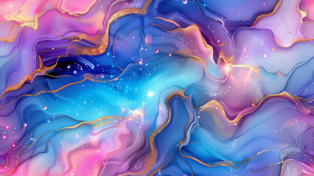 Glossy Marble Surface in Soft Blue and Purple Tones, Adorned with Gold