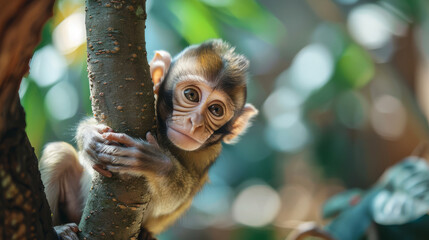 A baby monkey is climbing on a tree