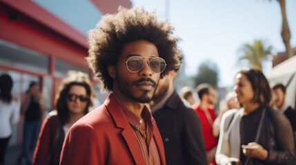 Beautiful Afro-American man with a model-like appearance attending a film festival in Hollywood.