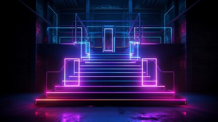 Luminous Ascent: 3D Rendered Neon Glowing Industrial Style of Staircase, Creating a Spectacular Fusion of Light and Urban Architecture