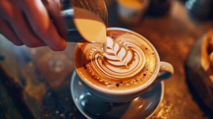 Barista creating latte art in the form of a rose. Copy space - obrazy, fototapety, plakaty