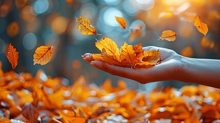 A hand holding a handful of fallen leaves with a blurred background of fallen leaves in warm colors. - obrazy, fototapety, plakaty