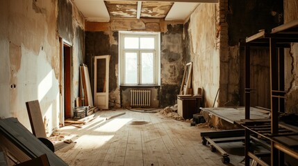 Apartment undergoing renovations, capturing the progress and transformation. Copy Space.