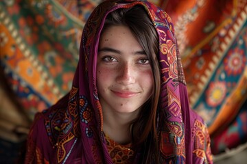 A portrait of a beautiful young smiling girl wearing a colorful traditional embroidered dress and shawl. Persian tapestries. Kandahar girl