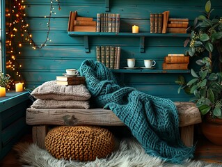 A cozy reading nook with a blue wall, a wooden bench, a fur rug, and a variety of books and blankets. - obrazy, fototapety, plakaty