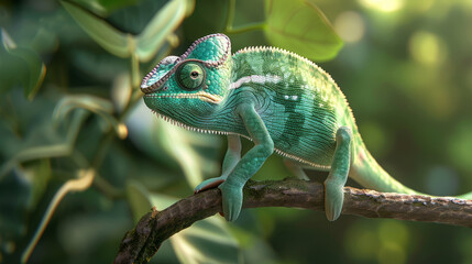 Fototapeta premium Green chameleon sitting on a branch