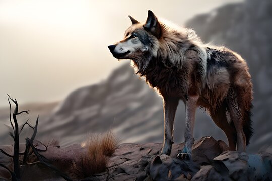 Dire Wolf: A Magnificent Illustration of a Vanished Dog Wilderness from the Paleolithic Era On a foggy mountain, a lone wolf howling

