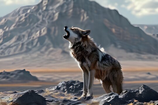 Dire Wolf: A Magnificent Illustration of a Vanished Dog Wilderness from the Paleolithic Era On a foggy mountain, a lone wolf howling

