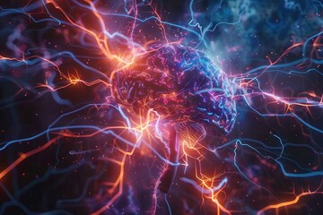 vibrant neurons network with human brain stimulation in 3d illustration