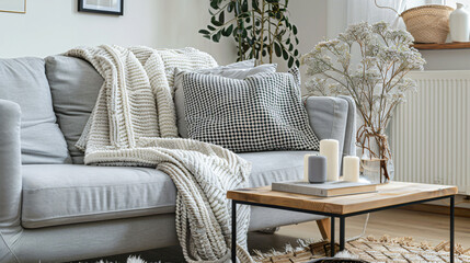 Cozy grey sofa with soft blanket and coffee table 