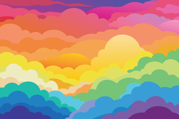 Colorful watercolor background of abstract sunset sky with puffy clouds in bright rainbow colors of pink green blue yellow and purple vector