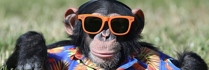 Chimpanzee in vibrant attire with orange sunglasses and colorful hawaiian shirt, exuding coolness - obrazy, fototapety, plakaty