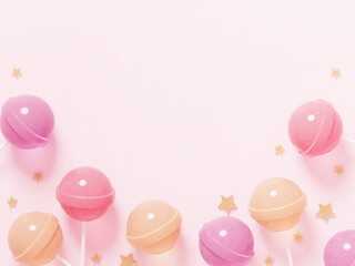 Cute frame with pink, orange and pale red candy bars and small orange-tinged stars scattered in a pink space.