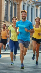 Obraz premium Joyful friends in sportswear running outside against urban skyline during sunset