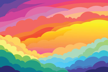 Fototapeta na wymiar Colorful watercolor background of abstract sunset sky with puffy clouds in bright rainbow colors of pink green blue yellow and purple vector