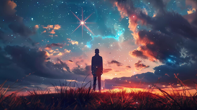 Surreal lonely man standing behind with big moon , stars and universe background.