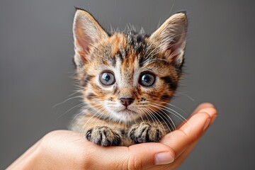 Small kitten held in hand