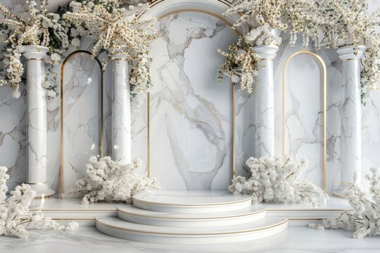 Product podium with luxury architecture wedding flower.