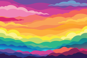 Colorful watercolor background of abstract sunset sky with puffy clouds in bright rainbow colors of pink green blue yellow and purple vector