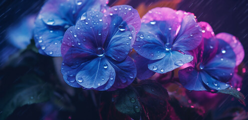 a bunch of blue flowers with water droplets on them, with a dark background and a pink hued background