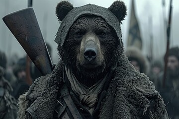 Brown bear stands upright, with a weapon behind his back - obrazy, fototapety, plakaty