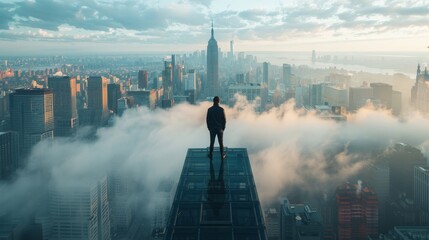 A man standing on a rooftop overlooking a city. - obrazy, fototapety, plakaty