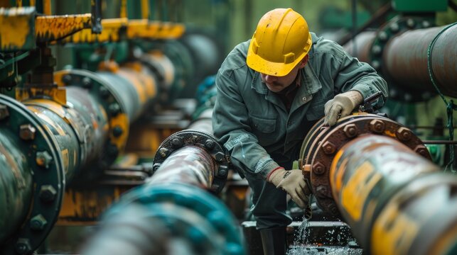 A factory worker inspecting a leak in a steel pipeline system, highlighting the importance of regular maintenance