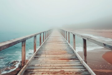 Obraz premium A serene wooden pier stretching into the foggy distance leading to a calm beach creates a tranquil mood