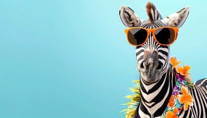 Fototapeta premium Zebra in trendy attire orange sunglasses and colorful hawaiian shirt for a stylish look