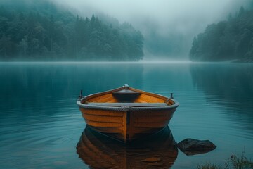 Fototapeta premium A serene misty lake scene with a solitary wooden rowboat tethered gently on the clear, calm waters against a backdrop of dense forest