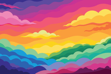 Colorful watercolor background of abstract sunset sky with puffy clouds in bright rainbow colors of pink green blue yellow and purple vector