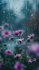 Rain scene with asters outdoors blossom flower.