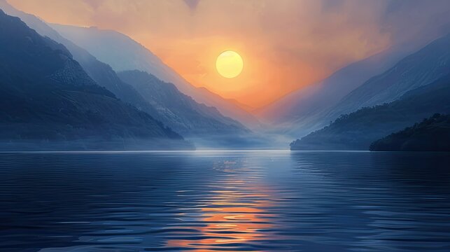 sun lights of rising sun behind hte mountains nearby the water of lake