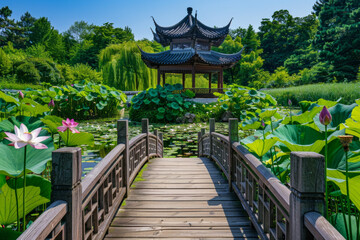 A wooden bridge in a lotus pond, with a Chinese pavilion in the background 