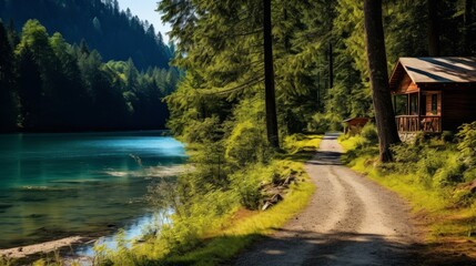 Obraz premium A road leading to a secluded riverside cabin