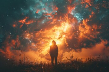 Fototapeta premium A contemplative person stands beneath a starry sky full of vibrant cosmic colors that suggest the vastness and beauty of the universe