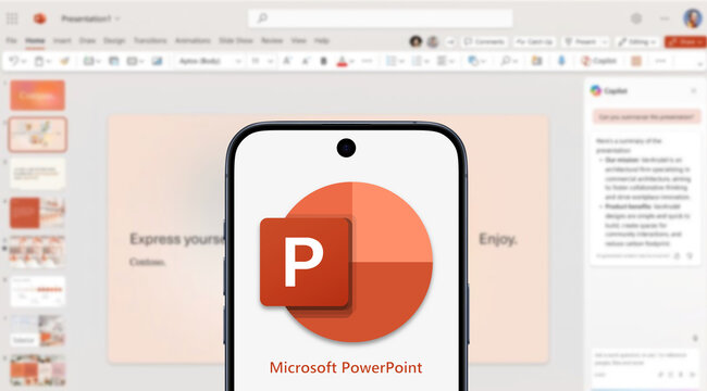Microsoft PowerPoint logo displayed on a modern smartphone, application of the presentation program behind, software, Microsoft 365, presentation slides, business, conference