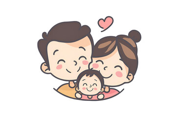 Parents with a child are smiling. Happy family. Sticker isolated on a transparent background. Family day. Children's Day. Father's Day. Mothers Day.