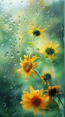 Rain scene with sunflowers outdoors nature plant.