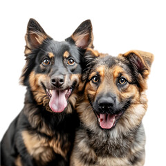 Two dogs with their tongues out, sitting next to each other.