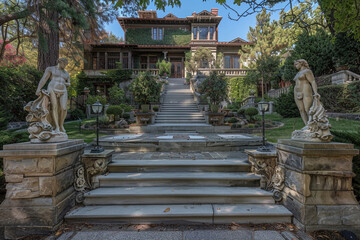A historic Craftsman mansion with original period features, including a grand staircase, paneled walls, and leaded glass windows, set in a formal estate garden with antique statuary.