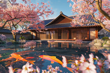 A Japanese craftsman house surrounded by serene cherry blossom trees in full bloom, featuring...