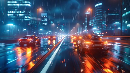 Futuristic cityscape  sleek cars speeding on german autobahn in illuminated night sky - obrazy, fototapety, plakaty