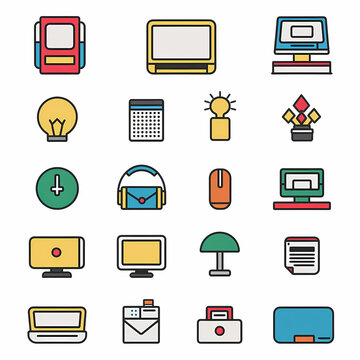 Colorful retro icons for various office activities. Created with AI.