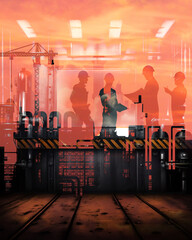 Silhouette Industrie Bauindustrie Ausbau - Gruppe von Ingenieuren mit Bauhelm - Team Meeting - Körper - Abstrakte Illustration Collage	 - obrazy, fototapety, plakaty