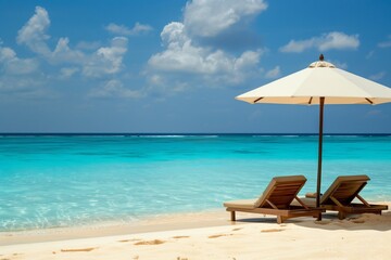 Fototapeta premium A man in a white t-shirt and sunglasses holding an umbrella against the sea and blue sky. 