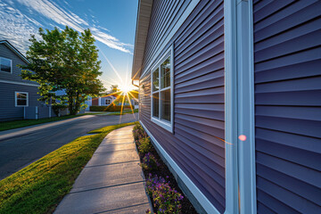 Fototapeta na wymiar Sidewalk corner perspective of a dusk purple house with siding, capturing the housea??s angular beauty in a suburban setting, under a bright sunny sky.