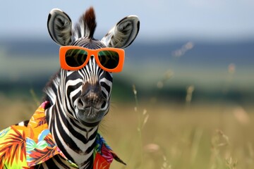 Obraz premium Zebra in fashionable hawaiian shirt with trendy orange sunglasses for a vibrant and stylish look